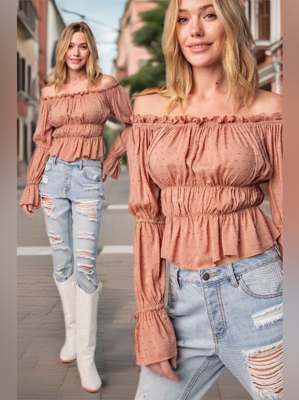 Easel | Ella Romantic Swiss Dot Off The Shoulder Blouse Bohemian Taupe New Large